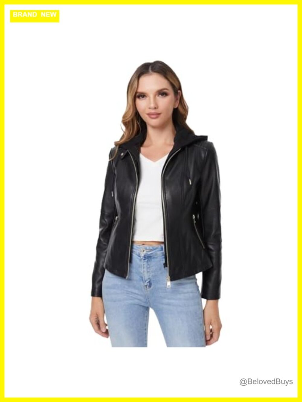 Faux Leather Moto Biker Jacket Women Removable Hooded Zip Coat